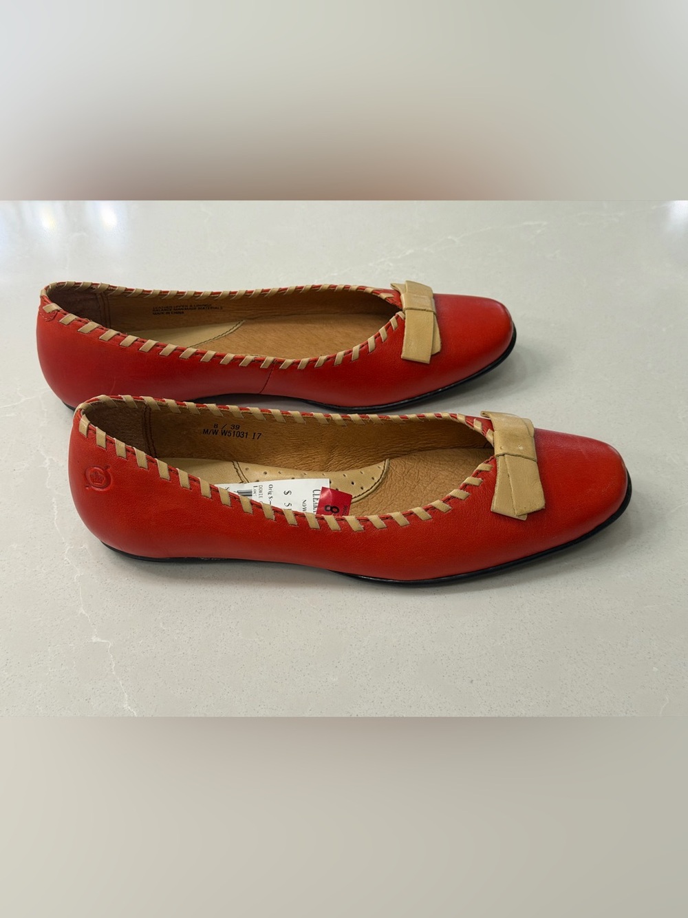 New Born Dowie Red Leather Ballet Flats Bow Accent Comfort Slip On Shoes, 8
